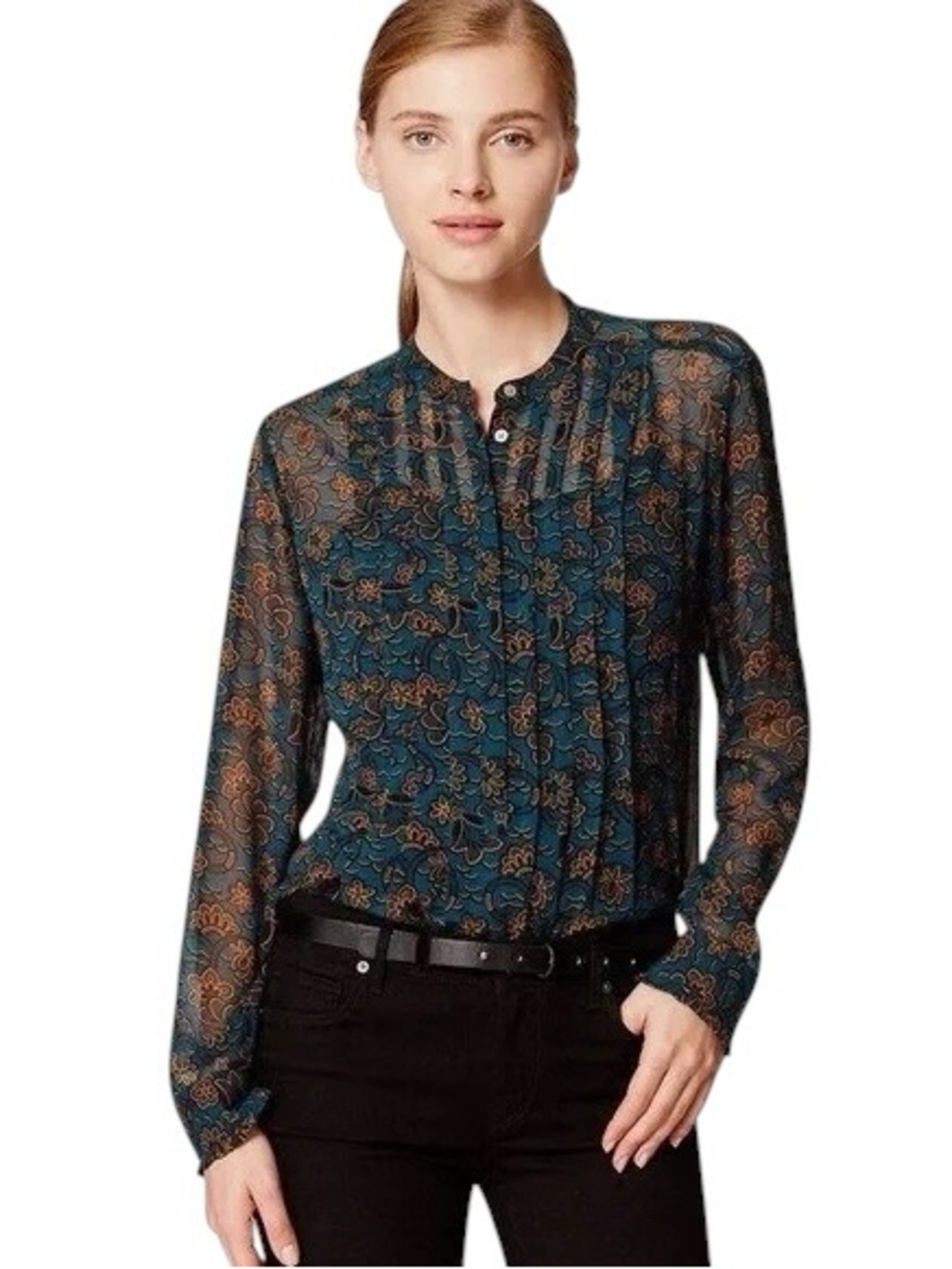 Ann Taylor LOFT Long Sleeve Floral Pintuck Blouse Size XS (petite)